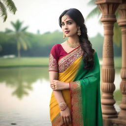 A beautiful Indian girl wearing a traditional saree, with intricate designs and vibrant colors