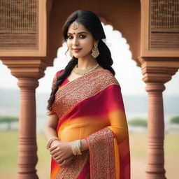 A beautiful Indian girl wearing a traditional saree, with intricate designs and vibrant colors