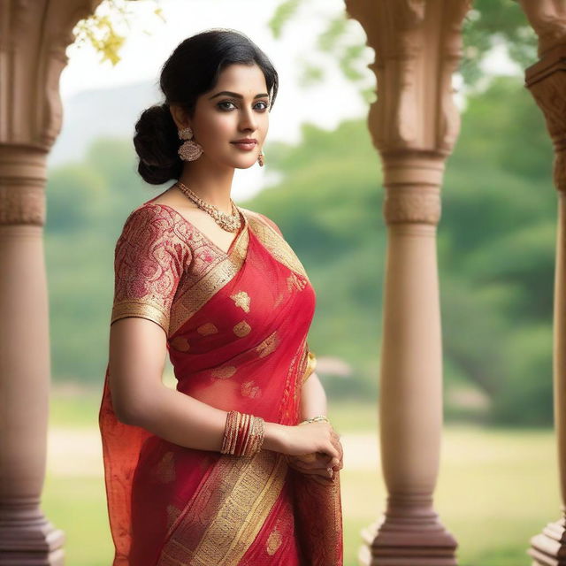 An elegant Indian woman wearing a traditional saree with a sleeveless blouse