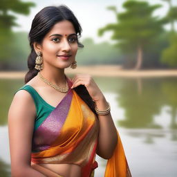 An elegant Indian woman wearing a traditional saree with a sleeveless blouse