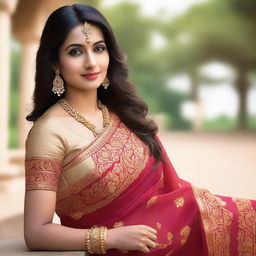 An elegant Indian woman wearing a traditional saree with a sleeveless blouse