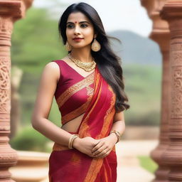 An elegant Indian woman wearing a traditional saree with a sleeveless blouse