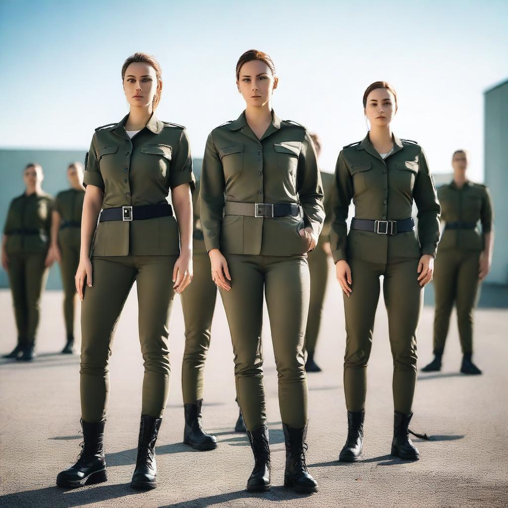 A group of attractive women with fit bodies, dressed in stylish military uniforms