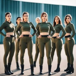 A group of attractive women with fit bodies, dressed in stylish military uniforms