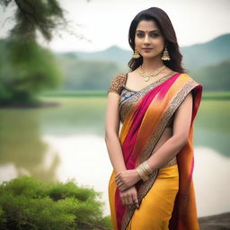 An elegant Indian woman wearing a traditional saree with a sleeveless blouse