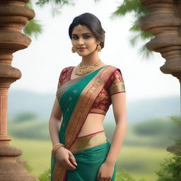 An elegant Indian woman wearing a traditional saree with a sleeveless blouse