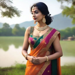 An elegant Indian woman wearing a traditional saree with a sleeveless blouse