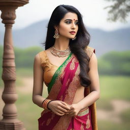 An elegant Indian woman wearing a traditional saree with a sleeveless blouse