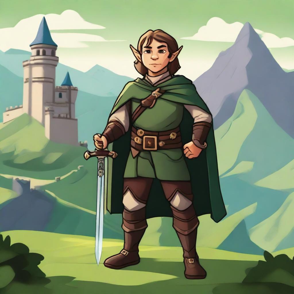 A noble halfling character standing proudly with a regal outfit, holding a small, ornate sword