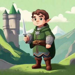 A noble halfling character standing proudly with a regal outfit, holding a small, ornate sword