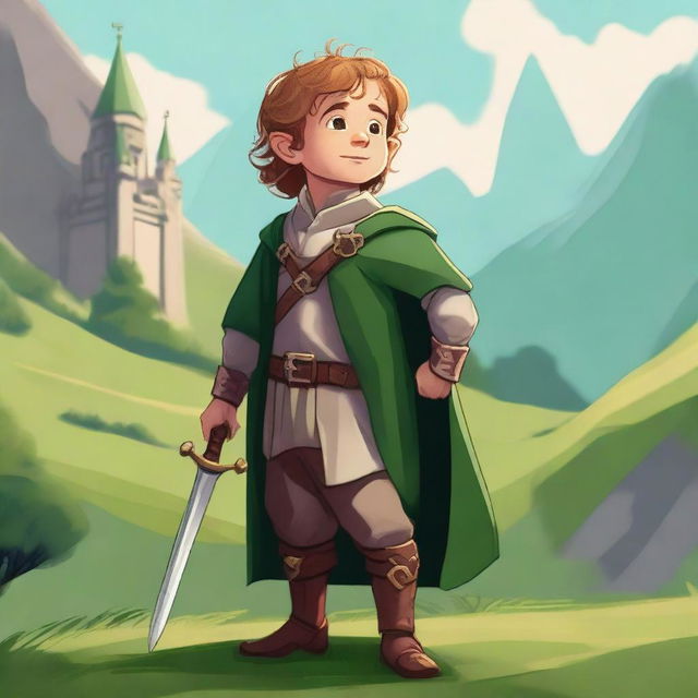 A noble halfling character standing proudly with a regal outfit, holding a small, ornate sword