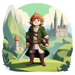 A noble halfling character standing proudly with a regal outfit, holding a small, ornate sword