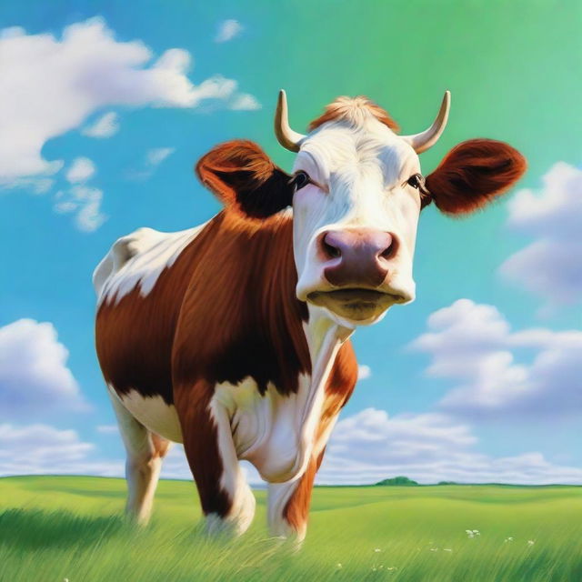 A realistic and detailed image of a cow standing in a green pasture