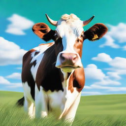 A realistic and detailed image of a cow standing in a green pasture