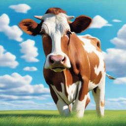 A realistic and detailed image of a cow standing in a green pasture