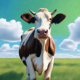 A realistic and detailed image of a cow standing in a green pasture