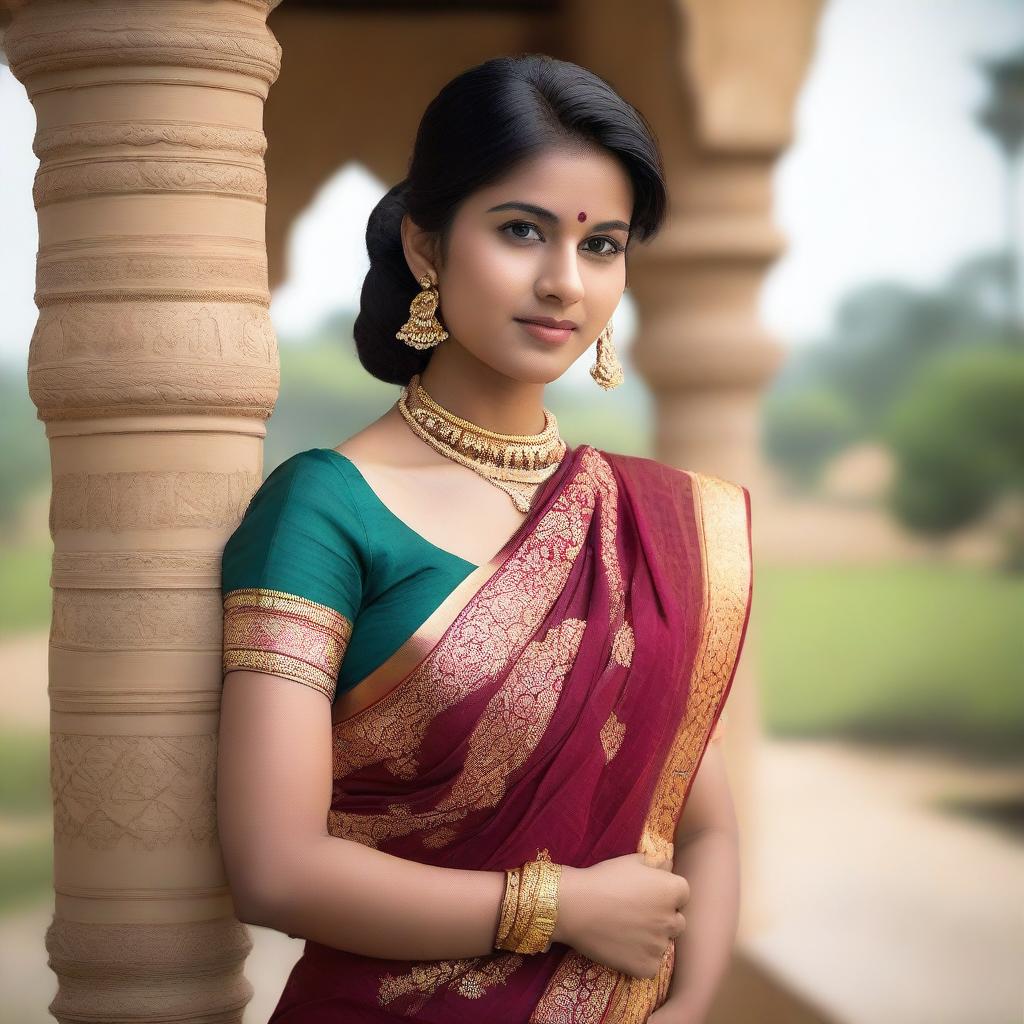 A young Indian woman in her 20s wearing a traditional saree