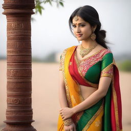 A young Indian woman in her 20s wearing a traditional saree