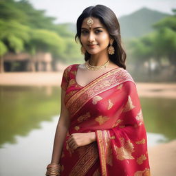 A young Indian woman in her 20s wearing a traditional saree