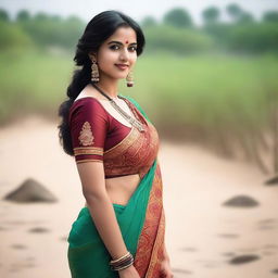 A young Indian woman in her 20s wearing a traditional saree