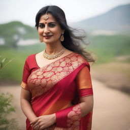 A mature Indian woman in her 40s wearing a traditional saree