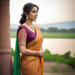 A mature Indian woman in her 40s wearing a traditional saree