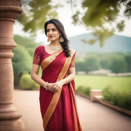 A mature Indian woman in her 40s wearing a traditional saree