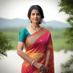 A mature Indian woman in her 40s wearing a traditional saree