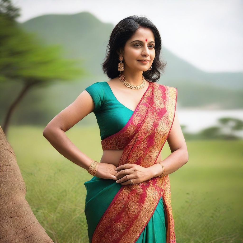 A mature Indian woman in her 40s wearing a traditional saree with a sleeveless blouse