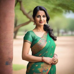 A mature Indian woman in her 40s wearing a traditional saree with a sleeveless blouse