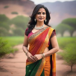 A mature Indian woman in her 40s wearing a traditional saree with a sleeveless blouse