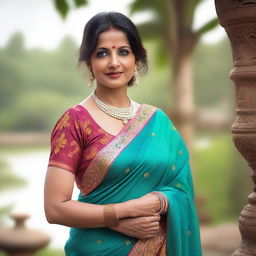 A mature Indian woman in her 40s wearing a traditional saree with a sleeveless blouse