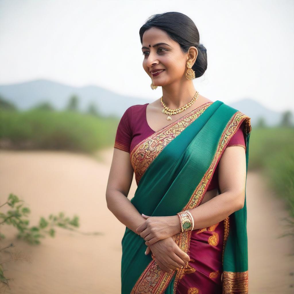 A mature Indian woman in her 40s wearing a traditional saree with a sleeveless blouse