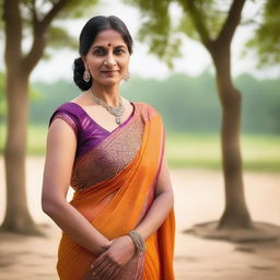 A mature Indian woman in her 40s wearing a traditional saree with a sleeveless blouse