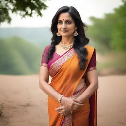 A mature Indian woman in her 40s wearing a traditional saree with a sleeveless blouse