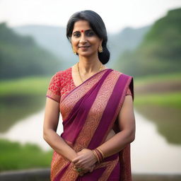 A mature Indian woman in her 40s wearing a traditional saree with a sleeveless blouse