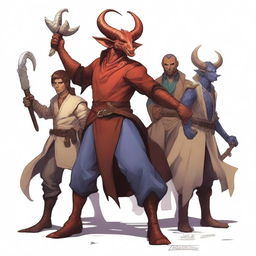 Una ilustración de un grupo de aventureros compuesto por un escualo, un tiefling pícaro, un enano monje, un dracónido clérigo y un semielfo bardo con una gaita