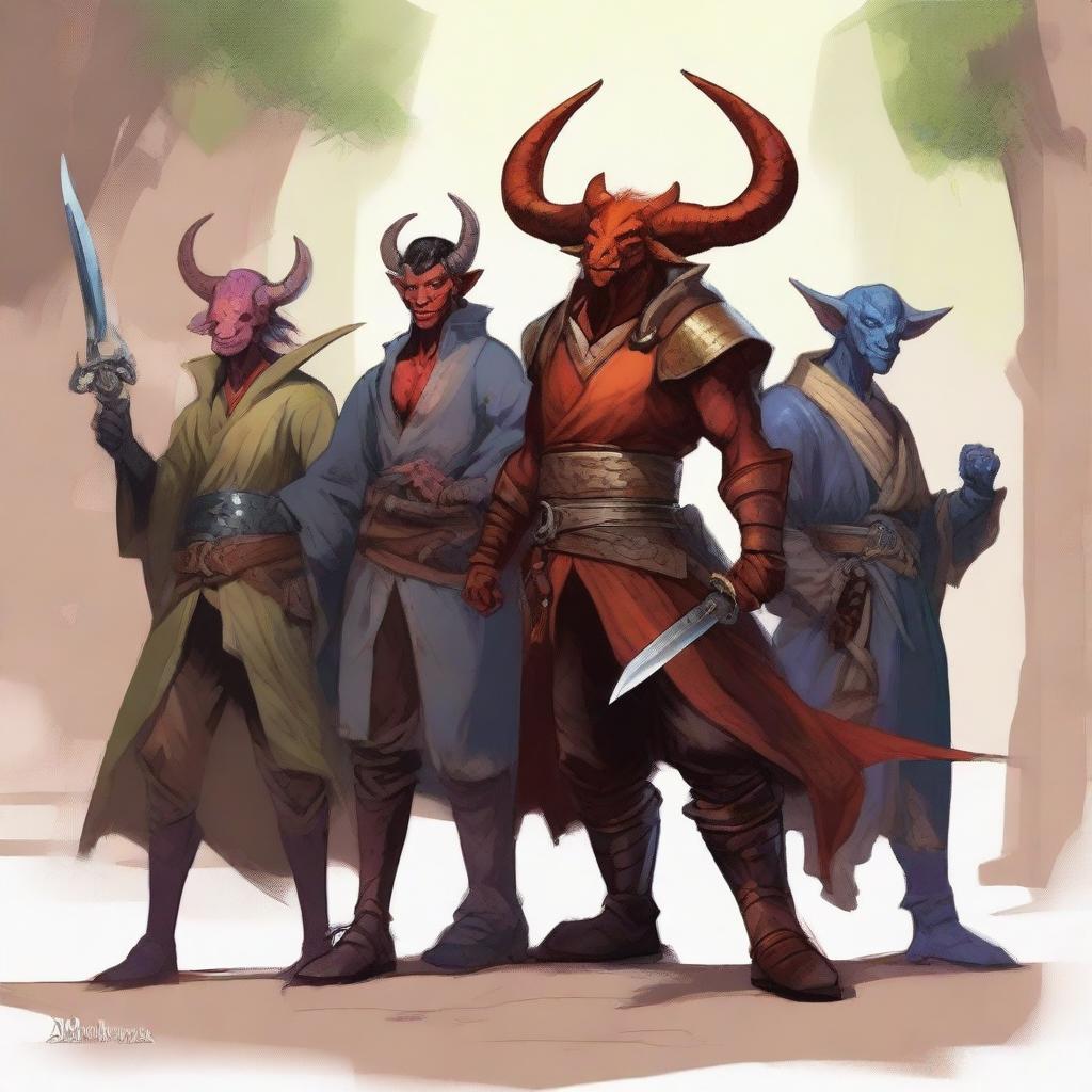 Una ilustración de un grupo de aventureros compuesto por un escualo, un tiefling pícaro, un enano monje, un dracónido clérigo y un semielfo bardo con una gaita