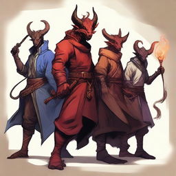 Una ilustración de un grupo de aventureros compuesto por un escualo, un tiefling pícaro, un enano monje, un dracónido clérigo y un semielfo bardo con una gaita