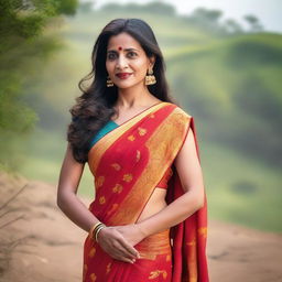 A mature Indian woman in her 40s wearing a traditional saree with a sleeveless blouse