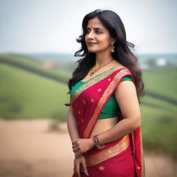 A mature Indian woman in her 40s wearing a traditional saree with a sleeveless blouse