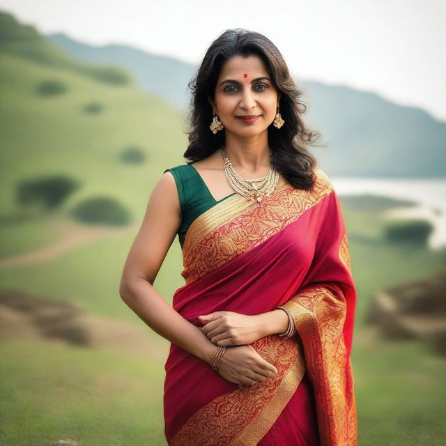 A mature Indian woman in her 40s wearing a traditional saree with a sleeveless blouse