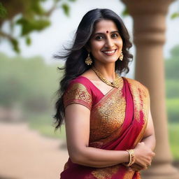 A mature Indian woman in her 40s wearing a traditional saree with a sleeveless blouse