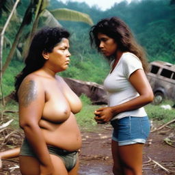 A voluptuous Latina woman, aged 48, stranded on a deserted island with her 20-year-old nephew after a plane crash