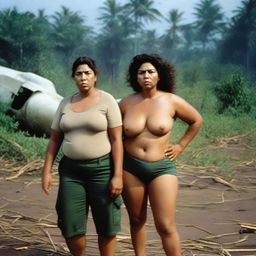 A voluptuous Latina woman, aged 48, stranded on a deserted island with her 20-year-old nephew after a plane crash