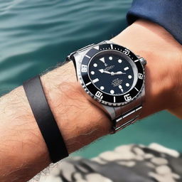 A detailed image of a high-quality diver watch with a sleek design, featuring a durable strap, luminous hands, and a rotating bezel