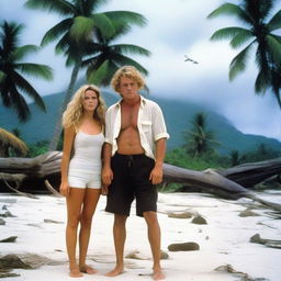 A voluptuous and beautiful white woman with blonde hair, aged 48, on a deserted island with her 20-year-old nephew