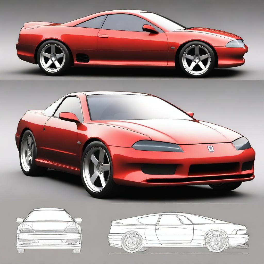 Create a detailed image of a futuristic sports coupe car inspired by a 1995 Honda Prelude