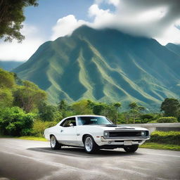 A luxurious white muscle car cruising through the scenic landscapes of Guatemala