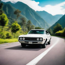 A luxurious white muscle car cruising through the scenic landscapes of Guatemala